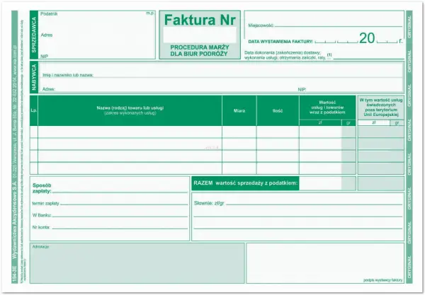 Faktura VAT marża dla biur podróży, z polami na dane sprzedawcy, nabywcy, opis usług, kwoty i daty.