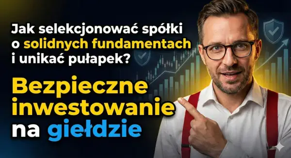 Mężczyzna w okularach i czerwonych szelkach wskazuje na wykresy giełdowe, sugerując bezpieczną akcję inwestycyjną i unikanie pułapek.