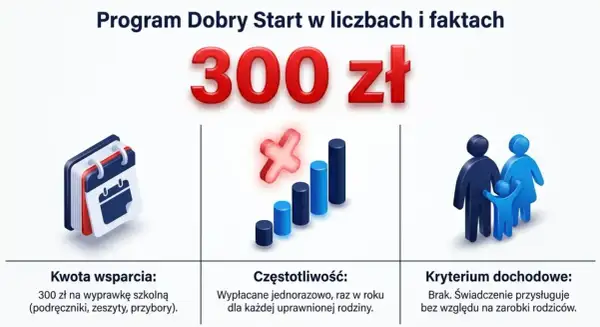 Program Dobry Start oferuje 300 zł na wyprawkę szkolną. Wsparcie wypłacane jest raz w roku, bez kryterium dochodowego.