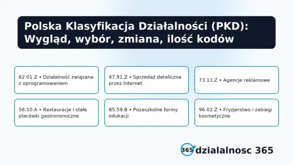 Przykłady kodów PKD: działalność związana z oprogramowaniem, sprzedaż detaliczna przez Internet, agencje reklamowe, gastronomia, edukacja, fryzjerstwo.
