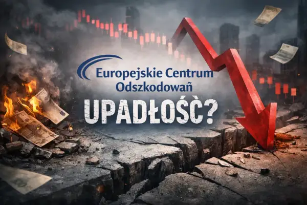 Euco akcje w płomieniach, symbolizujące upadek. Czerwona strzałka spada, a wykres giełdowy pokazuje spadki.