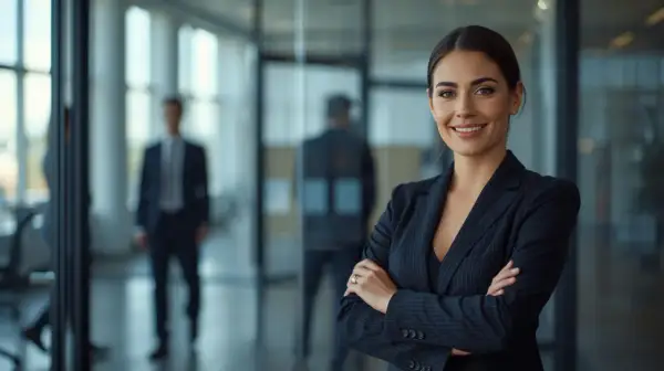 Uśmiechnięta bizneswoman w garniturze, symbol profesjonalizmu i **compliance**. W tle mężczyźni w biurze.