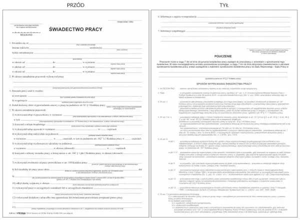 Świadectwo pracy z danymi pracownika, okresem zatrudnienia i informacjami o urlopach.