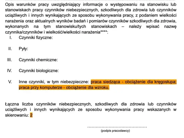Formularz skierowania na badania lekarskie, uwzględniający czynniki szkodliwe, takie jak praca siedząca obciążająca kręgosłup i praca przy komputerze obciążająca wzrok.
