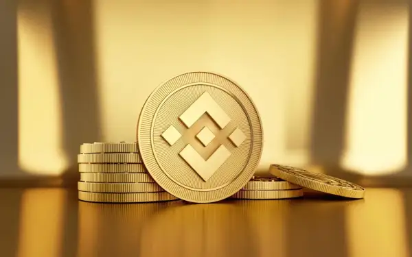 Złote monety z symbolem BNB, ułożone w stosy na błyszczącym, złotym tle.
