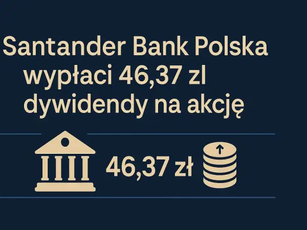 Santander Bank Polska wypłaci 46,37 zł dywidendy na akcje. Ikona banku i stos monet symbolizują zysk z akcji.