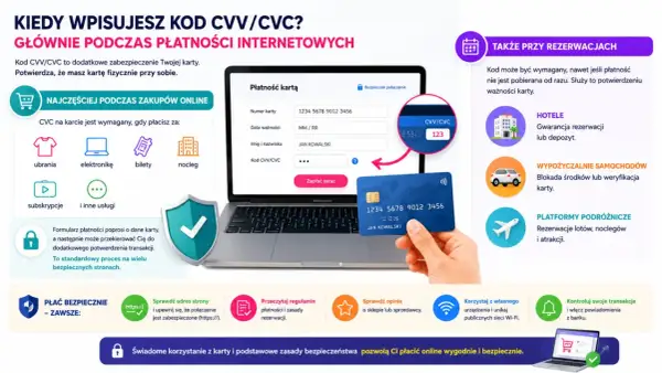 Karta z numerem i polem na kod CVV/CVC, używanym do bezpiecznych płatności online i rezerwacji.