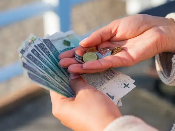 Dłonie liczą banknoty i monety. To może być świadczenie uzupełniające, które pomaga w codziennych wydatkach.