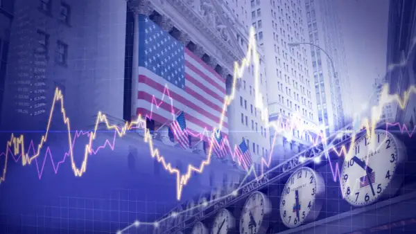 Skarbiec top brands na Wall Street. Flagi USA, wykresy giełdowe i zegary symbolizują globalny handel i inwestycje.
