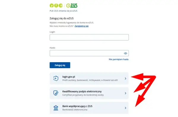 Logowanie do eZUS przez bank. Wybierz metodę logowania: profil zaufany, podpis elektroniczny lub bankowość elektroniczną.