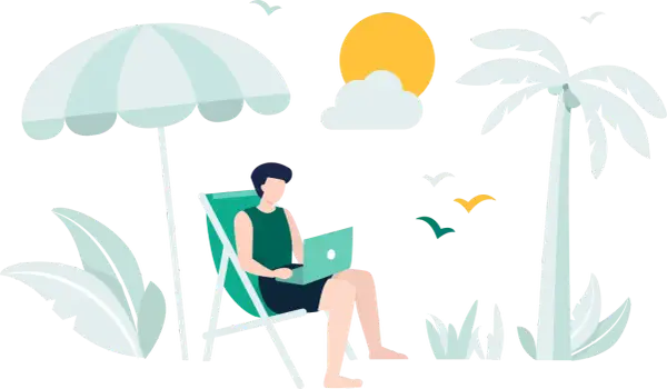 Mężczyzna pracuje na laptopie pod parasolem plażowym, marząc o wakacjach ZUS 2026. Palmy i słońce tworzą tropikalny klimat.