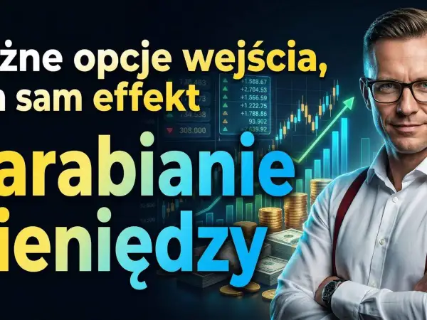 Prospekt z mężczyzną w okularach, wykresami giełdowymi i stosem pieniędzy.