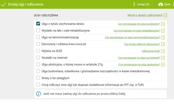 Ulga na 2 dzieci zaznaczona. Dostępne inne odliczenia, np. na internet czy rehabilitację.
