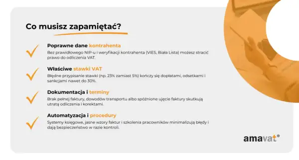 Poprawne dane kontrahenta, w tym numer NIP, są kluczowe do odliczenia VAT. Błędy w stawce VAT lub dokumentacji mogą skutkować karami.