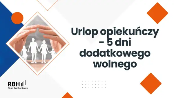 Ręce chroniące papierową rodzinę, symbolizujące urlop opiekuńczy – 5 dni dodatkowego wolnego. Logo RBH Biuro Rachunkowe.