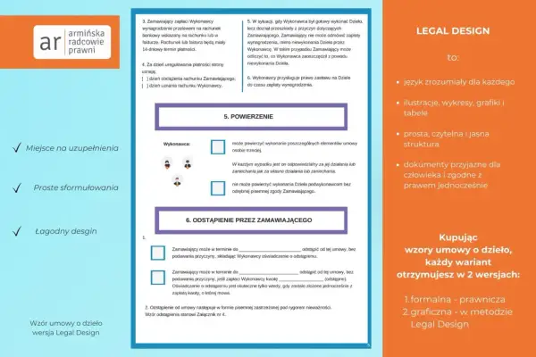 Wzór umowy o dzieło w wersji Legal Design: przejrzyste zasady, miejsce na uzupełnienia i łagodny design.