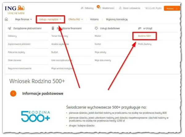 Wniosek Rodzina 500+ w ING. Kliknij "Usługi i narzędzia", a następnie "Rodzina 500+" aby złożyć wniosek.