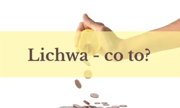 Dłoń wyciska cytrynę, z której spadają monety. Napis "Lichwa - co to?".