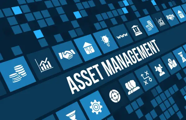 Grafika przedstawia hasło "ASSET MANAGEMENT" otoczone ikonami symbolizującymi zarządzanie zasobami, inwestycje i rozwój.