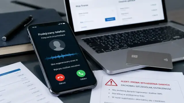 Telefon z powiadomieniem o podejrzanym połączeniu, ostrzeżeniem o wyłudzeniu danych i kartą płatniczą. Uważaj na oszustów podszywających się pod Velo Bank.